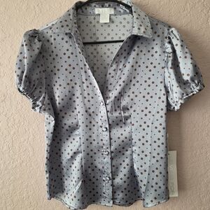 NWT Polka Dot Puff Sleeve Button Down Blouse Women’s Size L Satin Retro Y2K Top